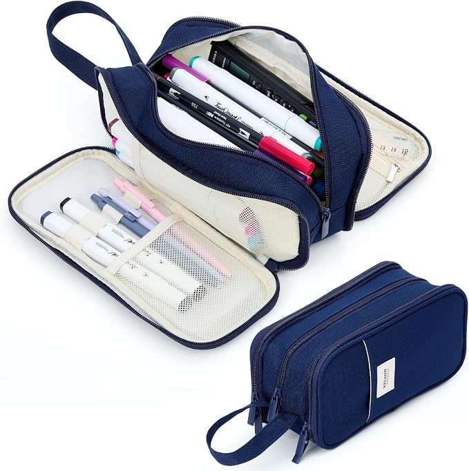 Pencil Case Pouch, Large Capacity Pencil Box Bag, Aesthetic Pen Organizer for School Supplies, Cute Preppy Stuff for Girls Boys Kids, Back to College Stationery, Navy Blue