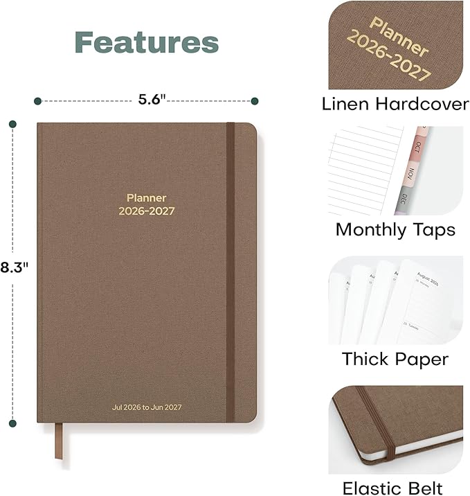 Planner 2026-2027 Monthly and Weekly Academic Planner July 2026 - June 2027, Linen Hardcover Agenda 2026-2027 Calendar Daily Planner for Student Teacher with Monthly Tabs, 6" x 8.3", Vintage Brown