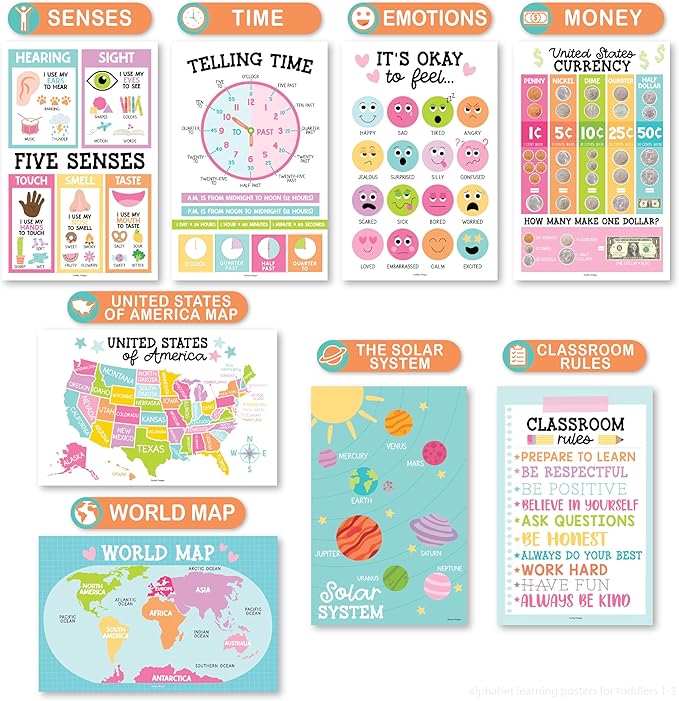 Hadley Designs 16 Educational Posters for Classroom Must Haves - Laminated Pre-K Posters for Toddler Homeschool Essentials, Toddler & Preschool Learning Activities, Kindergarten Classroom Decor