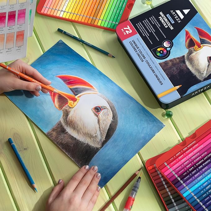 ARTEZA Watercolor Pencils, Set of 72, Water-Soluble Colored Pencils with 4 mm Break-Resistant Core, Pre-Sharpened Tips and Metal Tin for Drawing, Shading, Blending, and Wet or Dry Techniques