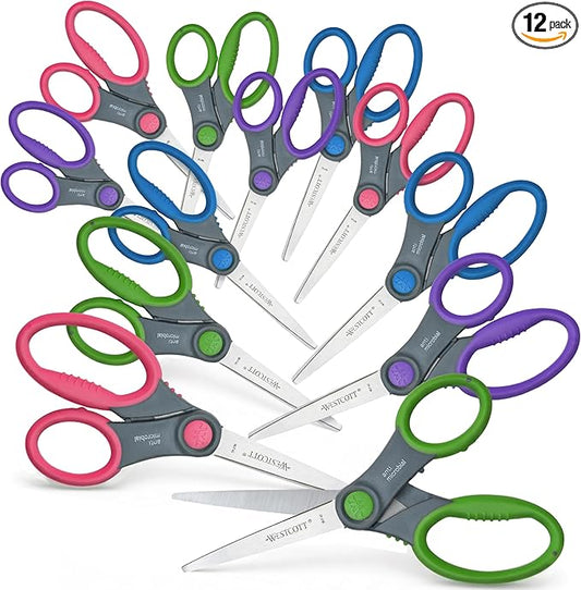 Westcott 12-Pack 6” Kids Scissors Scissors for Students Ages 8+, for School and Craft Projects, Back to School Supplies for Big Kids, Soft-Touch Handles in Assorted Colors.