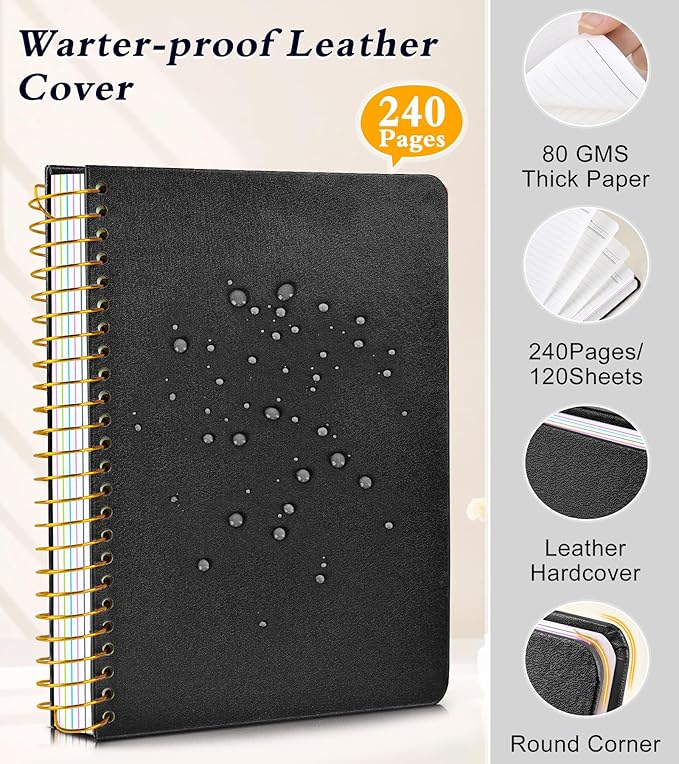 5 Subject Notebook College Ruled 240 Pages, A5(5.8"x8.3") Hardcover Spiral Notebook with Removable Pocket Dividers Tabs, Lined Spiral Journal Notebook for Women, Notebooks for Work School Note taking Black