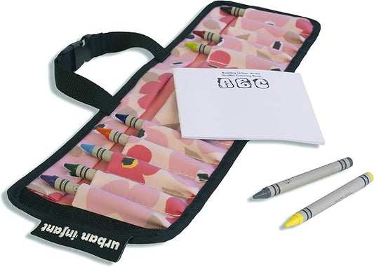 Urban Infant Kids Crayon Travel Case Carrier – Comes with Set of 10 Non-Toxic Crayons and Draw Booklet – Toddler Activity – Easy Wallet-Style Close and Clipping Handles - Poppies
