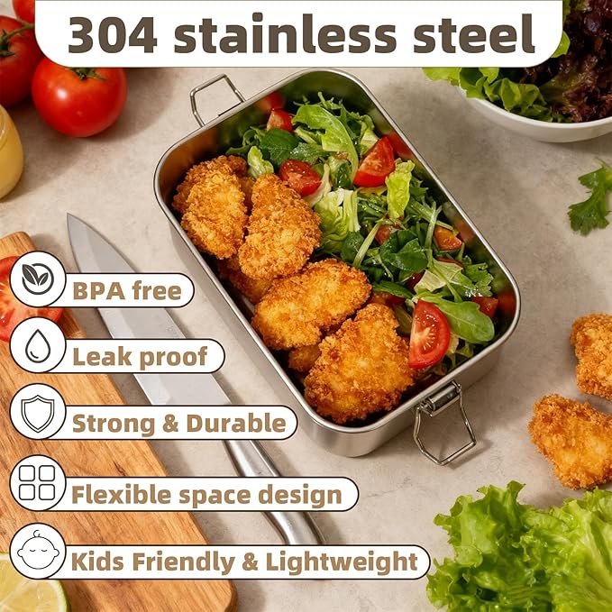 40oz/1200ml Meta Lunch Box, Stainless Steel Food Storage Sandwich Containers, Bento Box with Lids Leak Proof for Travel, Work, Picnic, Home,Meal Prep