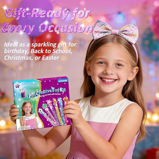 MOMUSE DIY Pen Making Kit, Fun Pen Creator Studio – Make 6 Sparkly Glitter Pens & Stitch Your Own Pen Holder, Creative Craft Toy Sewing Kits for Kids Girls Tweens 6 7 8 9 10 11 12 Birthday Gift