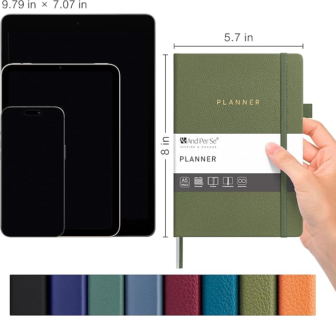 And Per Se Undated Planner, Weekly & Monthly Planner with Goal & Habit Tracker, A5 Leather Hardcover Productivity Journal for Academic Year (Olive Green)