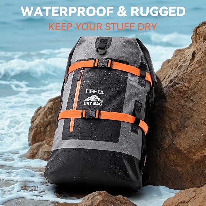 HEETA Dry Bags Waterproof Backpack 40L for Men & Women, Roll Top Heavy Duty | Cushioned Hiking Backpack, for Kayaking Boating Paddle Boarding Fishing Travel Camping Beach Vacation Cruise Ship Essentials