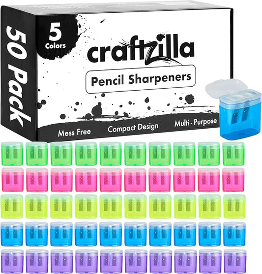 Craftzilla 50 Pack Bulk Pencil Sharpeners, Dual-Hole Manual Sharpener for Standard & Jumbo Pencils, Back to School Supplies for Classrooms & Offices with Lid, 5 Assorted Colors