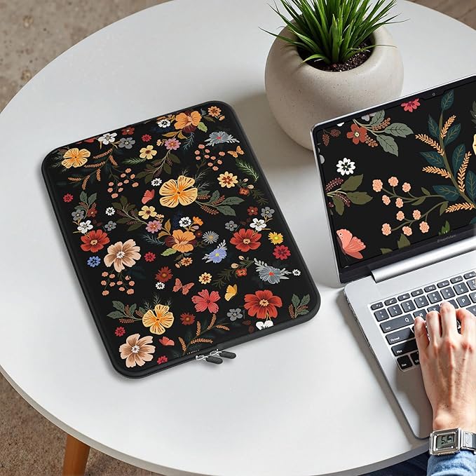 iCasso Laptop Sleeve 13 inch for MacBook Air 13-13.6 inch, Stylish Laptop case for MacBook Pro 13 inch, Slim Protective Travel Carrying Case for MacBook Pro 14 inch, Chromebook, HP, Dell, Black Floral