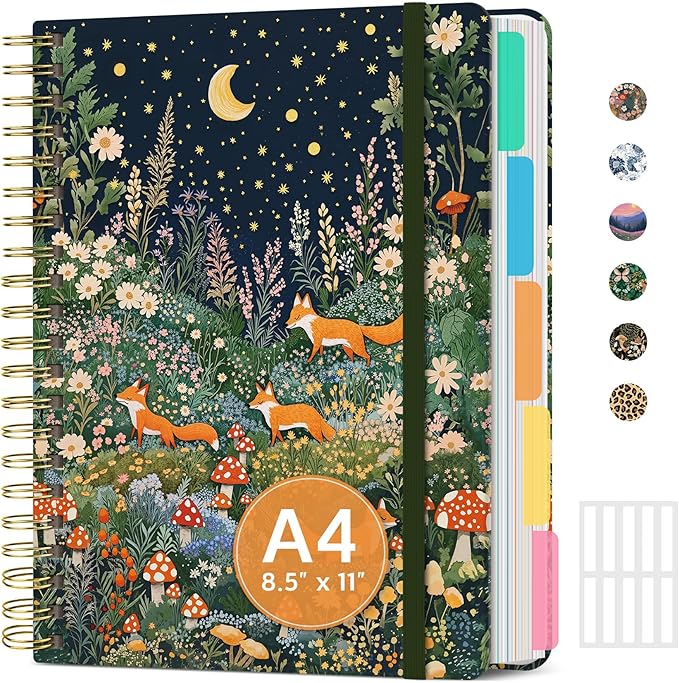Large Spiral Notebook with Dividers & Tabs, 8.5" x 11" Hardcover 5 Subject Notebook for Work, 280 Pages, College Ruled, Cute Journal for Women, Perfect for Study & Office Note Taking, Fox Night