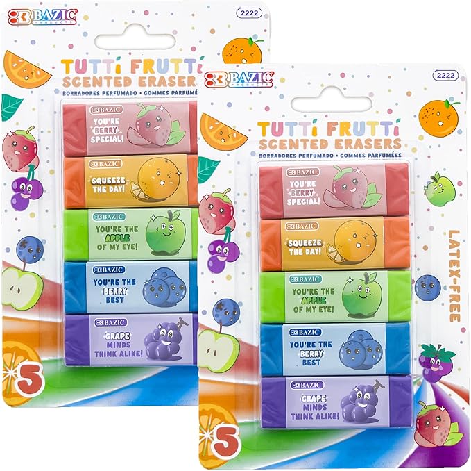 BAZIC Products Scented Erasers, Latex Free, Assorted Fruity Scents, Cute Fun Fruit Eraser Classroom Must Haves for Drawing Art School Office (5/Pack), 2-Packs