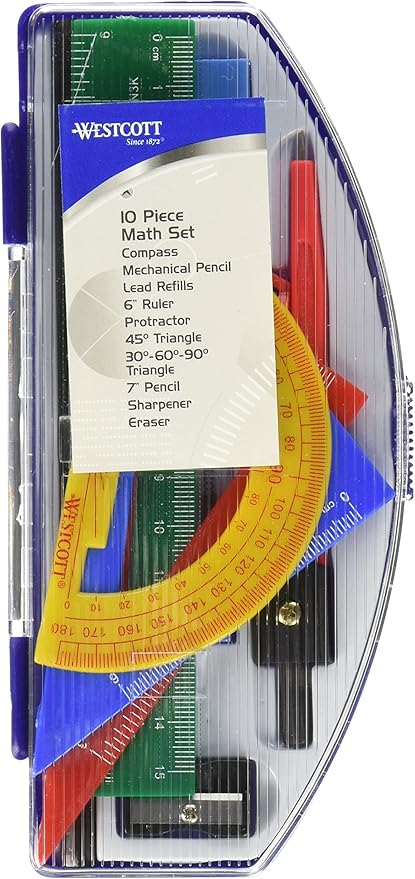 Westcott Ten Piece Math Tool Kit, Assorted Colors