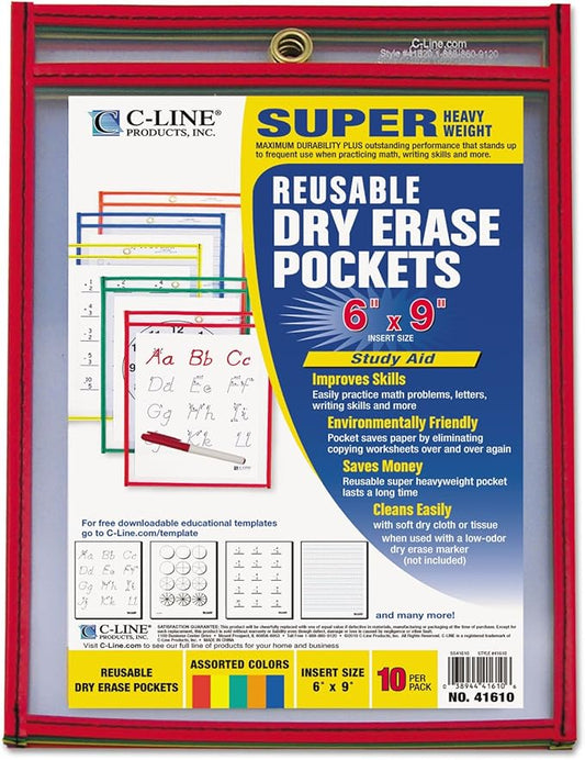 C-Line Reusable Dry Erase Pockets, 6 x 9 Inches, Assorted Primary Colors, 10 Pockets per Pack (41610)