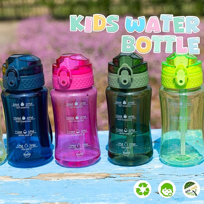 OLDLEY 12oz Kids Water Bottle, Tritan BPA-Free, Leakproof Flip Straw Lid, Motivational Time Marker, Carry Strap, Reusable Clear Water Bottle for Boys & Girls,Eggplant