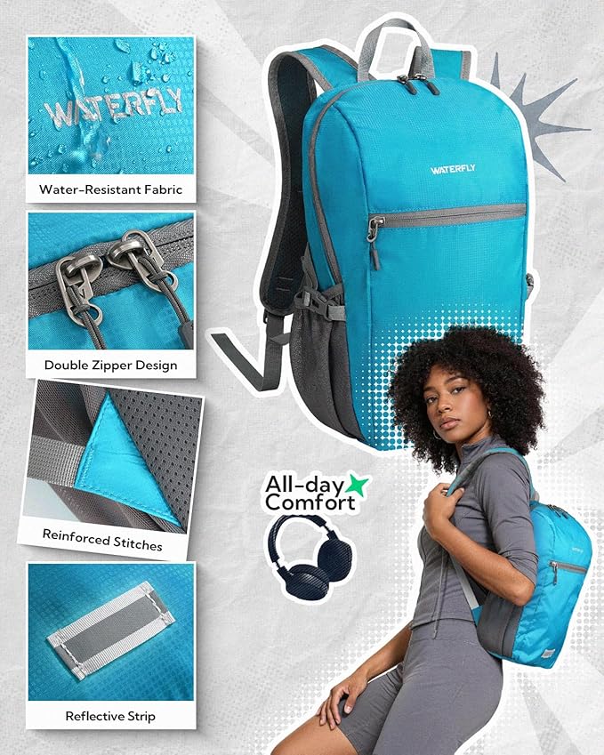 WATERFLY Small Packable Travel Backpack: 10L Ultra-Light Daypack for Adults | 9.2 oz,Water-Resistant Nylon,Breathable Mesh Straps,Reflective Strips,Emergency Whistle,Multi-Pockets,Hiking,Cycling,Commute