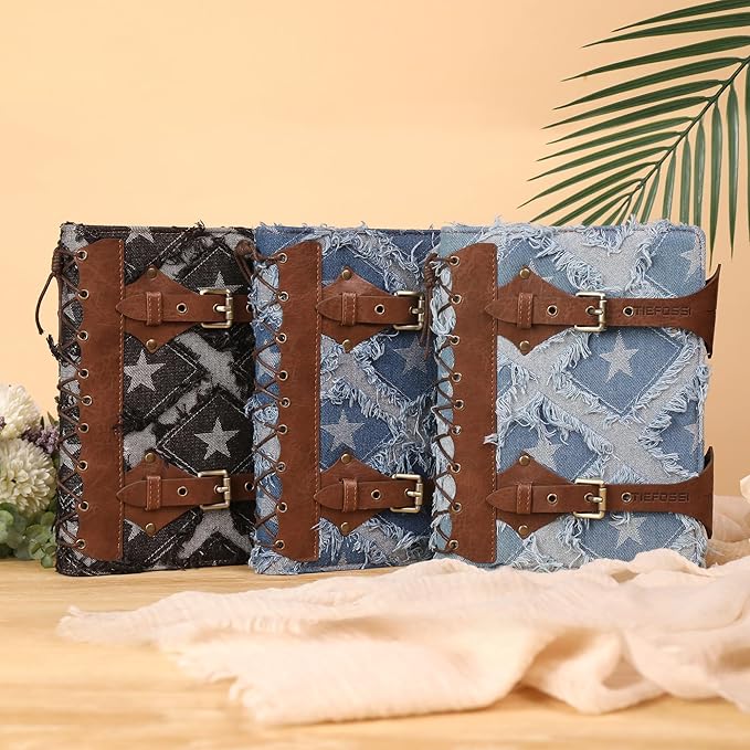 TIEFOSSI Denim Journal for Women Men, Vintage PU Leather Journals, College Ruled Notebook with 6 Ring Binder, Refillable Notebooks with Pockets for School Travel Sketch 7 x 9.2 in