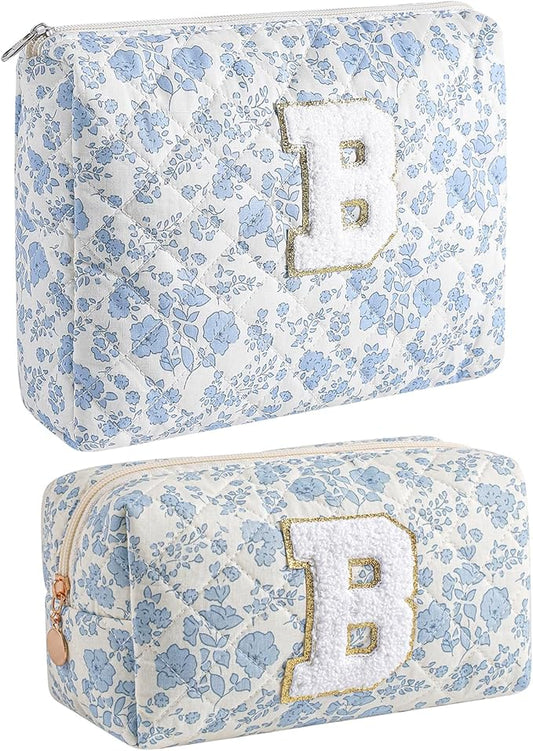 JOVAKIT Alphabet Makeup Bag Cosmetic Bag for Women, Christmas Gifts for Girls Age 6-18, Floral Flowers Coquette Travel Toiletry Zipper Make Up Pouch Organizer Trendy Stuff (2Pcs Blue Floral B)