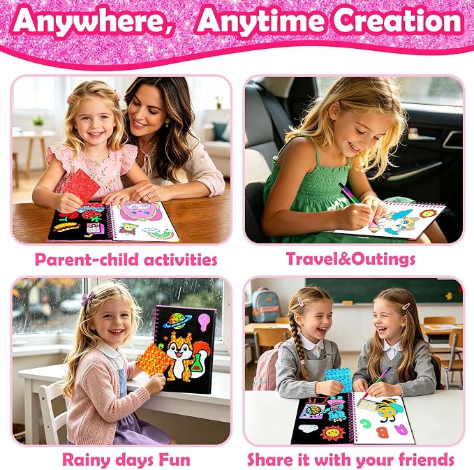 FUNNYB&G Foil Art Craft Kit for Girls 4-10 Years Old: Mess-Free & No-Glue, Create 16 Back to School Pictures – Perfect Travel Toy & Birthday Gift for Kids (Back to School)