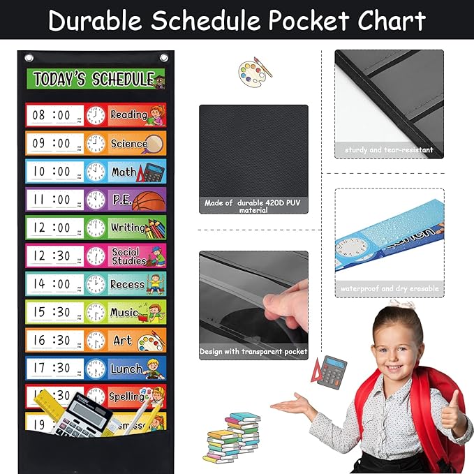 Daily Schedule Pocket Chart Kit,40 Bright Attractive Double-Sided Reusable Erasable Cards,1 Title Card,13+1 Scheduling Pocket Chart with 2 Hangers for Classroom Office Home Preschool Learning (Black)