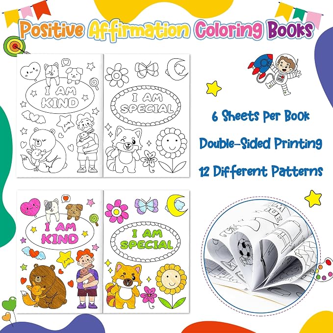 Dvbonike 48Pcs Positive Affirmation Coloring Books - Promote Confidence DIY Color-in Pages Booklet Bulk Drawing Motivational Stress Relieving Party Supplies for School Classroom Rewards Gift for Kids