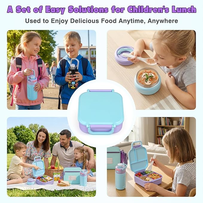 Bento Lunch Box for Kids with 7oz Soup Thermo,Insulated Stainless Steel Kids Water Bottle with Straw and Insulated Lunch Bag,Leak-Proof Lunch Food Container with Ice Pack for School (Purple)