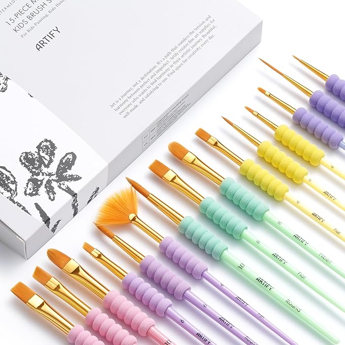 Artify Paint Brushes for Kids, 15-Sizes Paint Brush Set for Kid's Arts and Crafts, Ergonomic Donuts Handle | Macaron Colors Kids Paint Brushes, for Acrylic, Oil, Watercolor, Gouache, Paint by Numbers