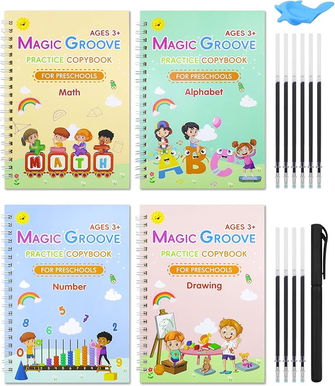 Magic Practice Copybook, Reusable Writing Practice Book, Handwriting Aid for Preschool Kids Age 3-8 (4 Books with Pens)