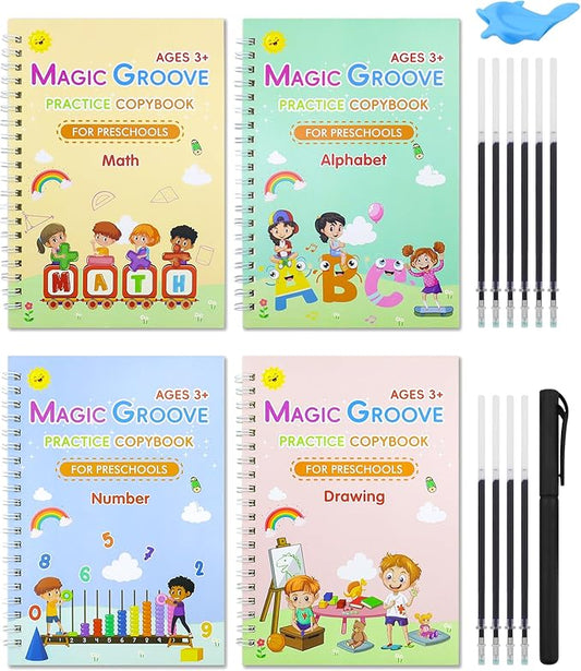 Magic Practice Copybook, Reusable Writing Practice Book, Handwriting Aid for Preschool Kids Age 3-8 (4 Books with Pens)