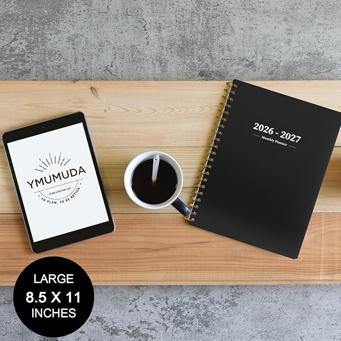 Ymumuda 2026 Planner-2 Year Monthly Planner 2026-2027, JAN.2026 - DEC.2027, 8.5" x 11", 26-27 Monthly Calendar,Large Planner with Spiral Bound, 24 Months Perfect for School Office Schedule - Black