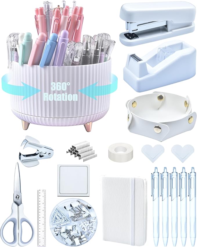 LXEVIHK White Desk Accessories, Office Supplies 360°Pen Holder Desk Organizers, With Tape Dispenser, Stapler, Staple Remover, Ect, Infuse Your Space With Porcelain Serenity, Back to School