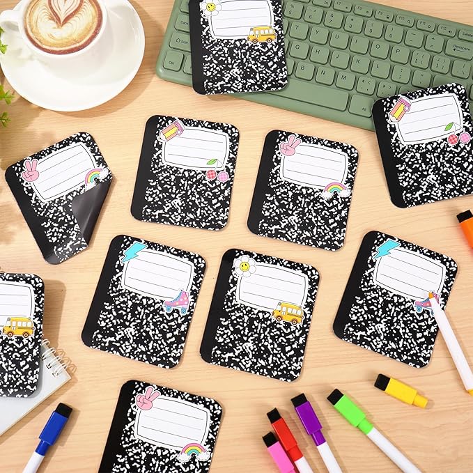JarThenaAMCS 48Pcs Composition Notebook Magnetic Name Tags Reusable Dry Erase Label Writable Back to School Name Plate Magnet with Markers for Classroom Whiteboard Locker
