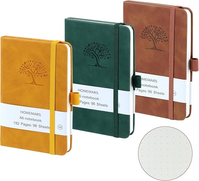 HOMEMARS Small Notebook, Pocket Notebook, 3 Pack, Notebook A6, Dotted,3.7" x 5.7"Leather, Brown, Green, Yellow,192 Pages Each, Hardcover, Mini Journal Notepad, Embossing Tree Design
