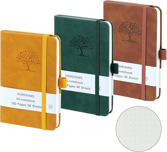 HOMEMARS Small Notebook, Pocket Notebook, 3 Pack, Notebook A6, Dotted,3.7" x 5.7"Leather, Brown, Green, Yellow,192 Pages Each, Hardcover, Mini Journal Notepad, Embossing Tree Design