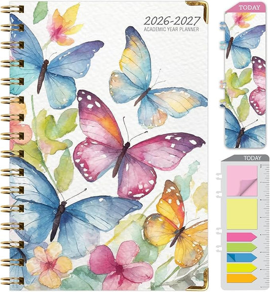 HARDCOVER Academic Year 2026-2027 Planner: 14 Months (May 2026 Through June 2027) 5.5"x 8" Daily Weekly Monthly Planner Yearly Agenda. Bookmark, Pocket Folder and Sticky Note Set (Watercolor Butterflies)