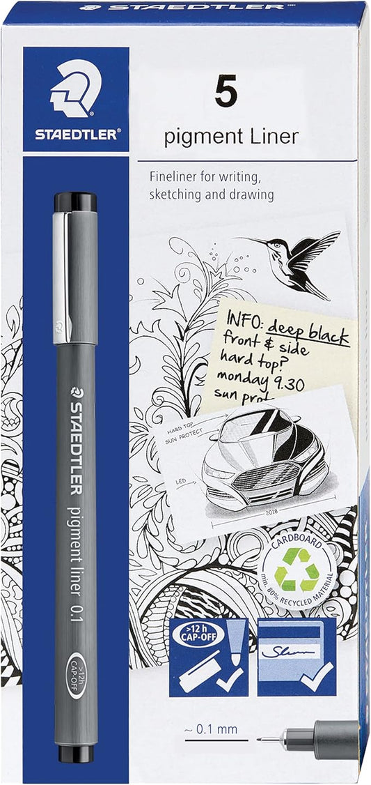 Staedtler Pigment Liner, Fineliner Pen for Drawing, Drafting, Journaling, 0.1mm, Black, Box of 5 Pens, 308 01-9M