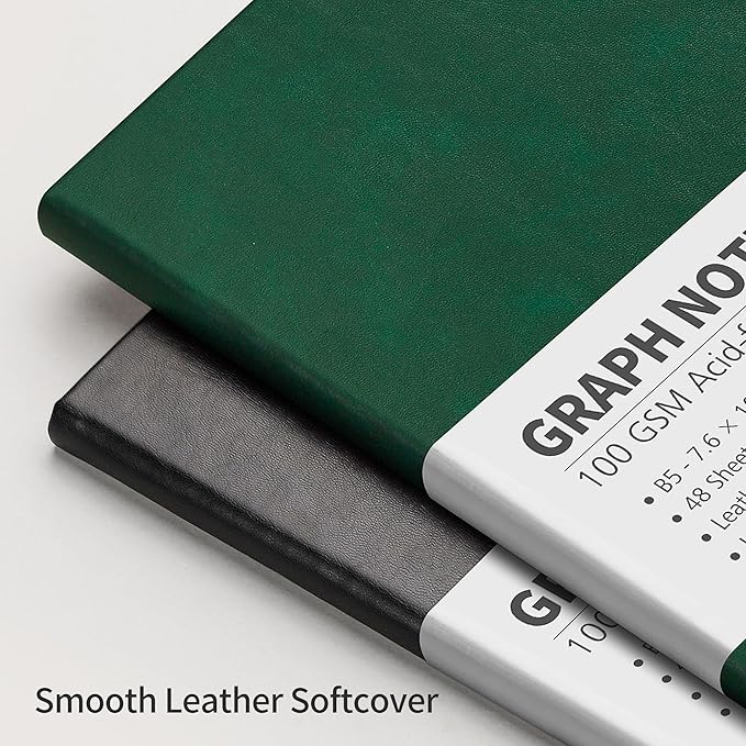RETTACY Graph Grid Paper Notebook, 96 Pages, B5 Medium Size (7.6'' x 10''), 5 Squares per Inch, Leather Hardcover, 100 GSM Thick Paper, for School, Students, Math, Engineering (Dark Green)