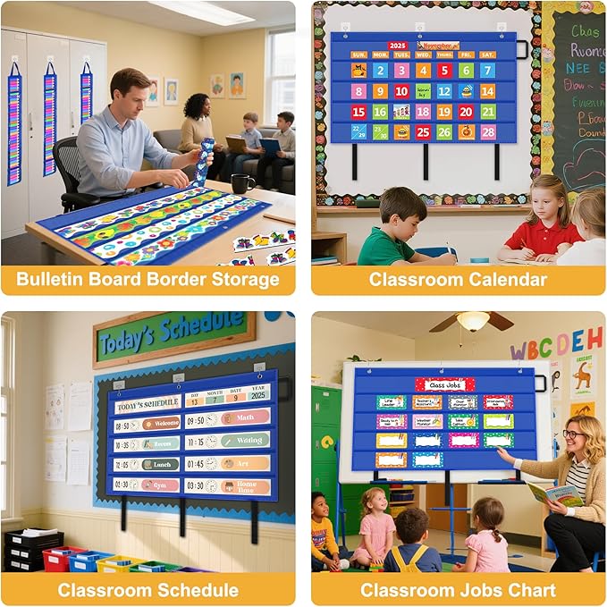 AKAYOK Bulletin Board Borders Storage Pocket Chart - Clear 5 Pocket Chart for Classroom Homeschool Office, Teacher Supplies for Word Wall/Letter Cards/Sentence Strips