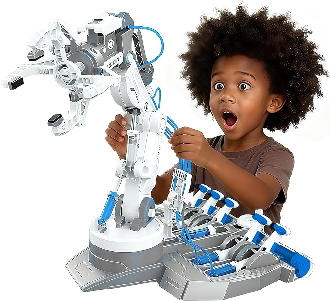 SMIESSKIDDO 3 in 1 Hydraulic Robot Arm - 220 Pcs STEM Building Toys with 4-Jaw Grab, Suction & Tongs for Kids 8-12 | No Batteries Needed Engineering Gift for Boys & Girls Ages 9 10 11 - White