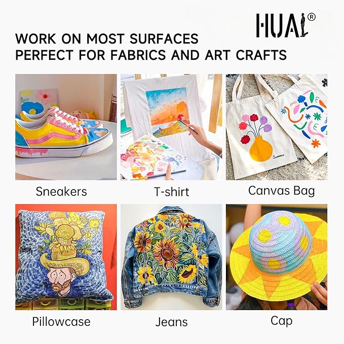 HUAL Fabric Paint Set for Clothes, 12 Colors Textile Paint with 6 Brushes & Palette, Quick-Drying Non-Toxic Water-Based Paint Kit for T-Shirts, Shoes, Canvas, DIY Art & Crafts