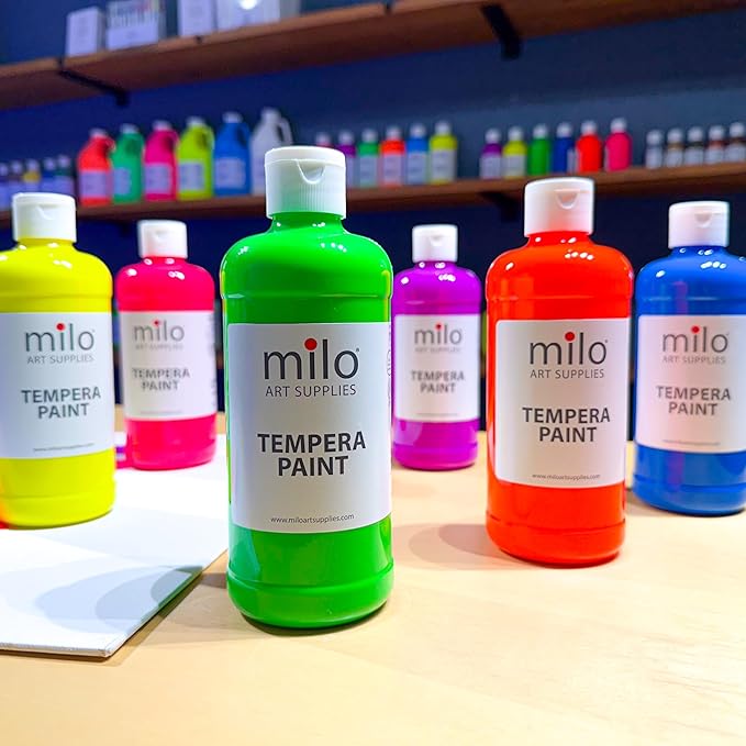 milo Fluorescent Neon Washable Tempera Paint | 16 oz Bottles 6 Colors | Made in the USA | Glows UV in Black Light | Safe & Non-Toxic Paint for Arts & Crafts, Poster, Window, Classroom, School, Project