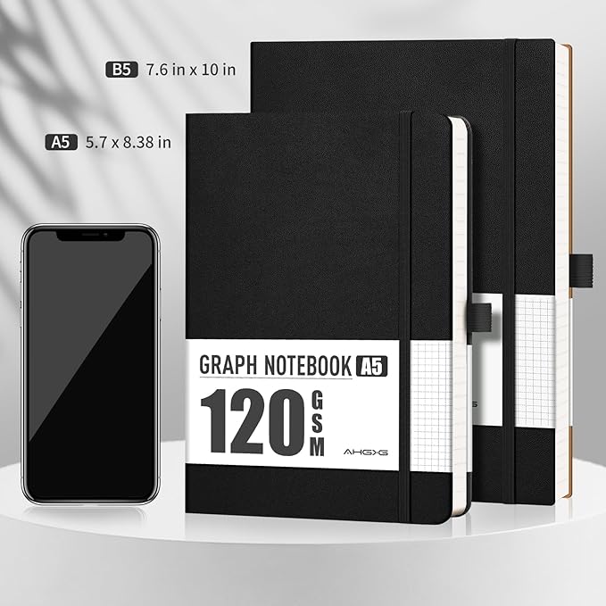 AHGXG Graph Paper Notebook - Grid Notebook Journal, 120 GSM Thick Graph Paper, Large B5 Notebook 96 Pages, Leather Softcover, for Graphing, Writing, Math, Engineering, 7.6'' X 10'' - Black