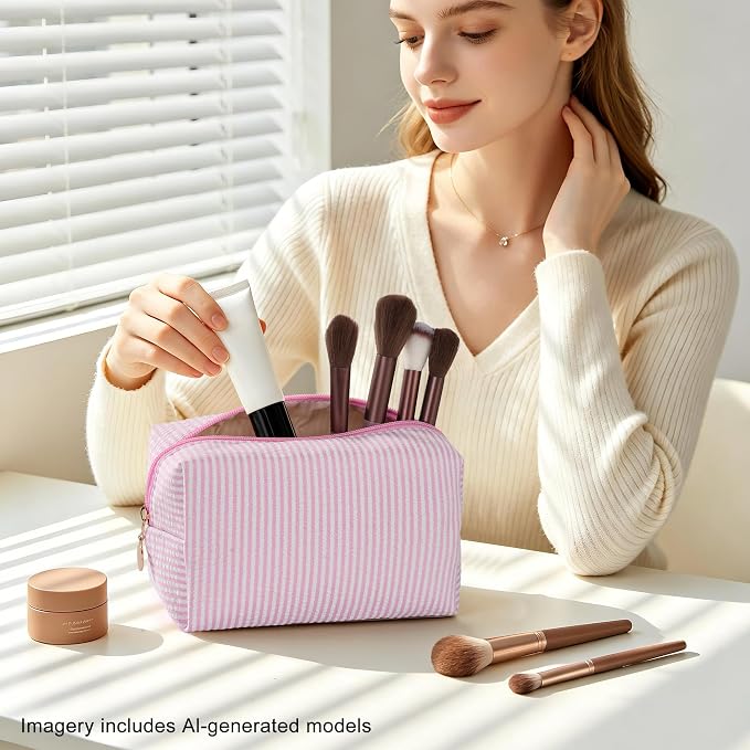 Makeup Bag Set for Women, 6PCS Travel Cosmetic Bags, Striped Seersucker Toiletry Organizer Pouches, Cute Makeup Pouch for Purse, Accessories and Gifts, Pink
