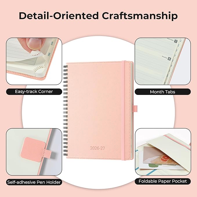 Planner 2026-2027 Daily Weekly and Monthly,8.5"x6.5",18 Months Spiral Bound Calendar Agenda with Self-adhesive Pen Holder,2026 Academic Plan with Vegan Leather Soft CoverPink