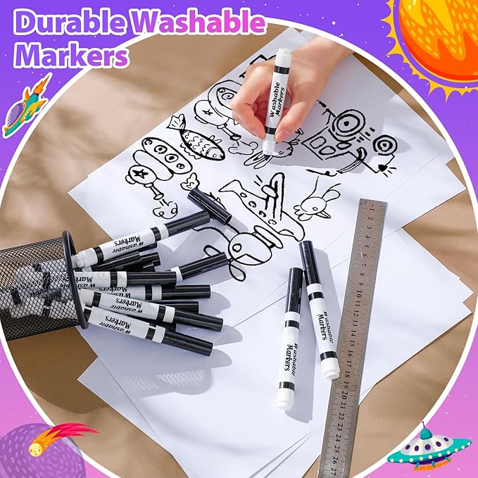 24 Pcs Washable Markers Bulk Broad Line Markers Coloring Conical Tip Large pens for Kids art projects, Teachers, Students, Toddlers, Party Favors, Classrooms, Donations(Black)