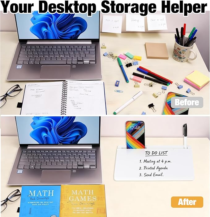 11.8×7” Small Glass Desktop Whiteboard, Dry Erase Note Memo Board, Desk Organizer with Storage for Desk, Office, White