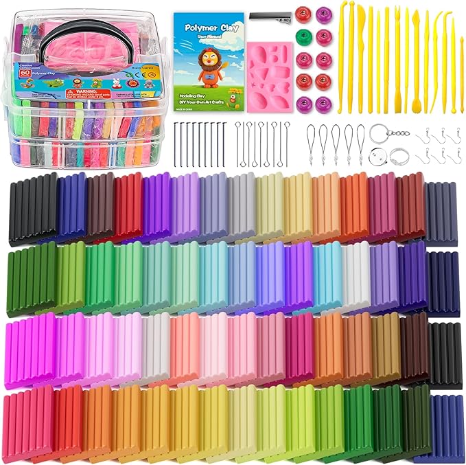 CiaraQ Polymer Clay 60 Colors Starter Kit - Oven Bake Modeling Clay for Kids & Artists, Non-Sticky DIY Clay with Sculpting Tools, Fun Gift for Children Ages 4+, 3.24 lb