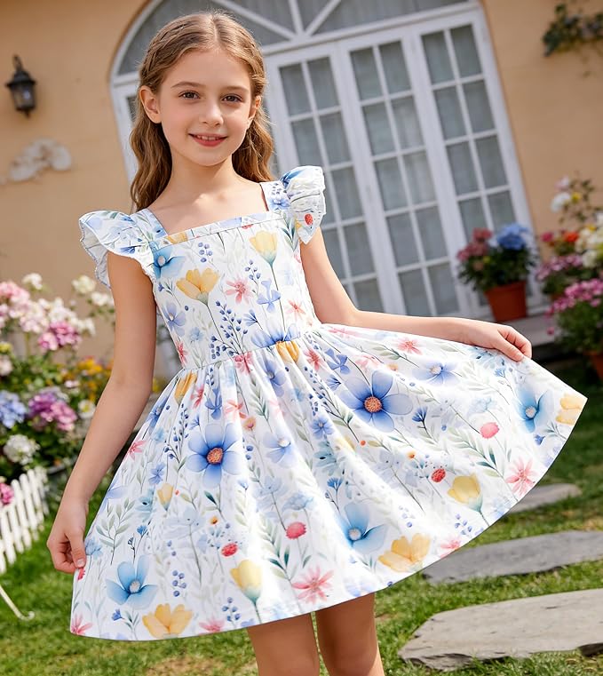 Popshion Girls Dresses Flutter Sleeve Swing Sundress Toddler Summer Clothes Kid Birthday Party Sleeveless Dress 1-8 Years Old
