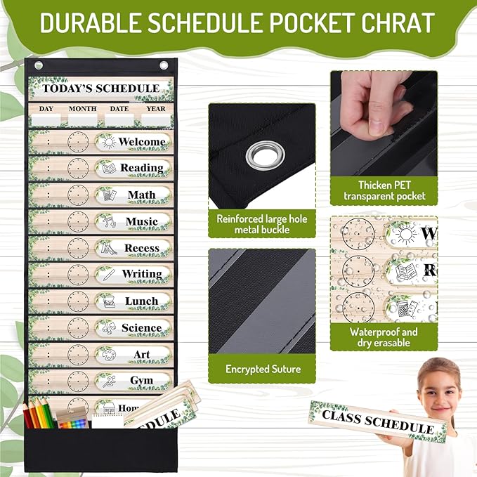 JarThenaAMCS Boho Greenery Daily Schedule Pocket Chart Simply Eucalyptus Leaf Design Classroom Time Charts with 36Pcs Reusable Cards Welcome Back to School Decorations for Home Educational Activity