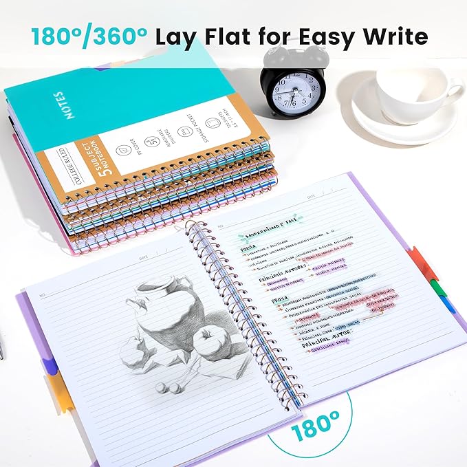 CAGIE Spiral Notebooks for School Work with Removable Dividers Tabs, 8.5” x 11” 5 Subject Notebook College Ruled, Large Lined Journaling Notebook for Women Men Writing, Teal