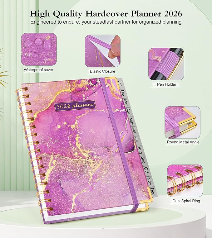 2026 Planner, Hardcover Weekly and Monthly Planner, January 2026 - December 2026, Spiral Yearly Agenda Organizer Book 2026 with Tabs, Daily Calendar Planners for School Work Home, A4 (8.5" x 11"), Purple Marble